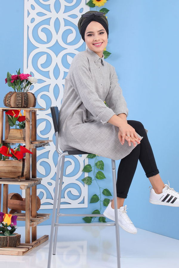 Düz Orta Kadın Gri Keten Tunik Gri - 02 7226 - 7226