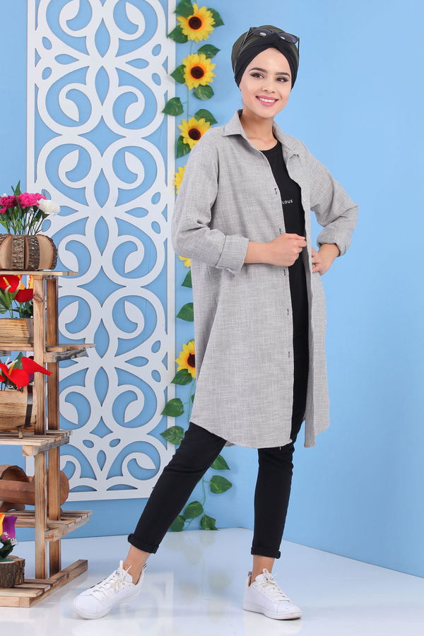 Düz Orta Kadın Gri Keten Tunik Gri - 02 7226 - 7226