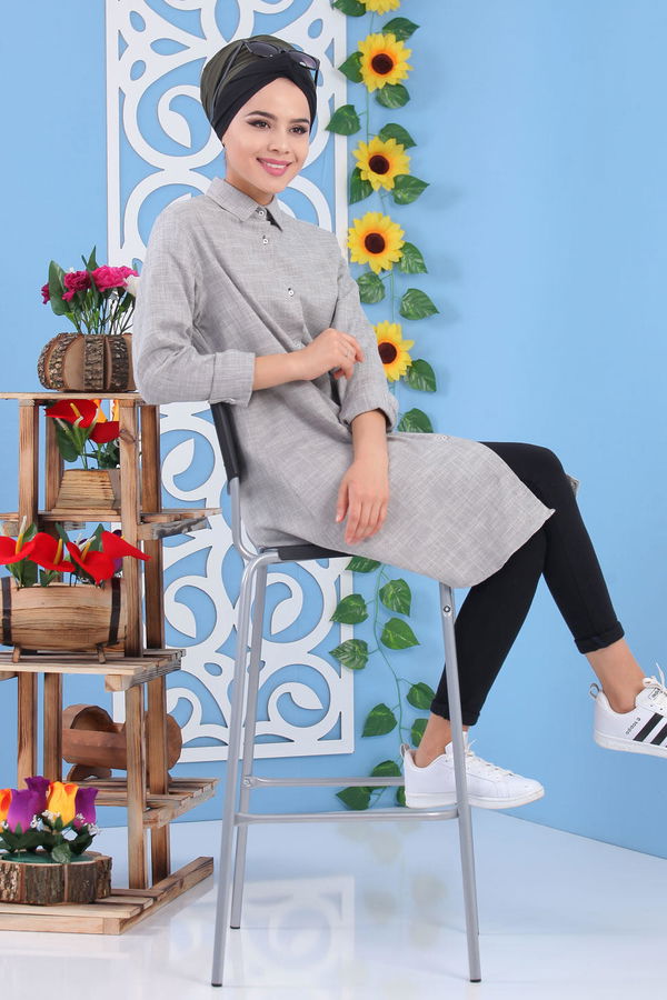 Düz Orta Kadın Gri Keten Tunik Gri - 02 7226 - 7226