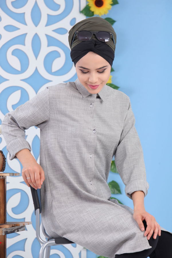 Düz Orta Kadın Gri Keten Tunik Gri - 02 7226 - 7226