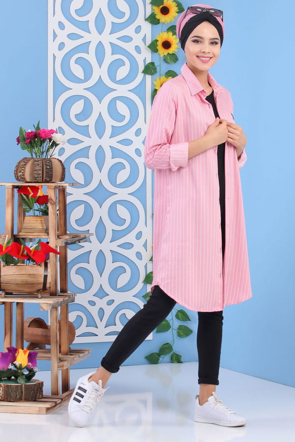 Düz Orta Kadın Pembe Çizgili Tunik Pembe - 02 7227 - 7227