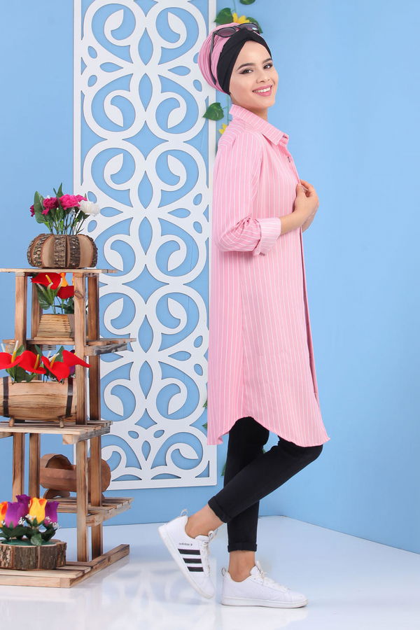 Düz Orta Kadın Pembe Çizgili Tunik Pembe - 02 7227 - 7227