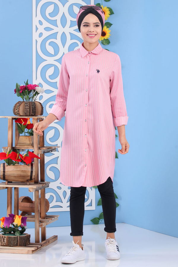 Düz Orta Kadın Pembe Çizgili Tunik Pembe - 02 7227 - 7227