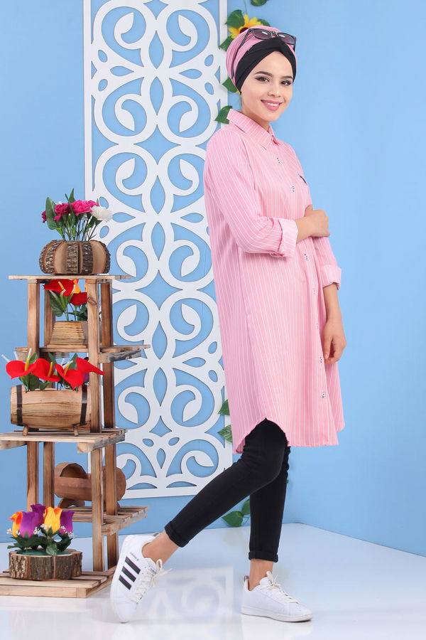 Düz Orta Kadın Pembe Çizgili Tunik Pembe - 02 7227 - 7227