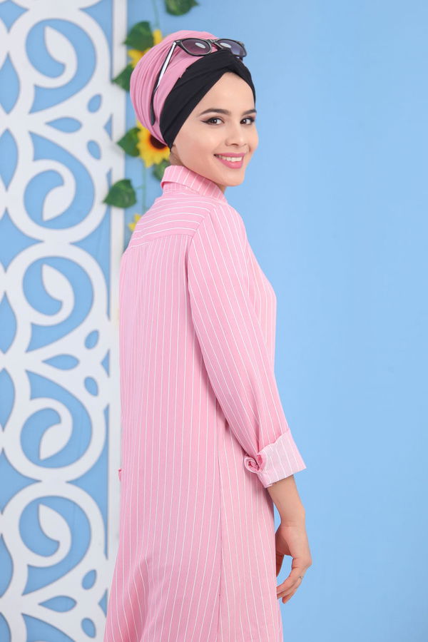 Düz Orta Kadın Pembe Çizgili Tunik Pembe - 02 7227 - 7227