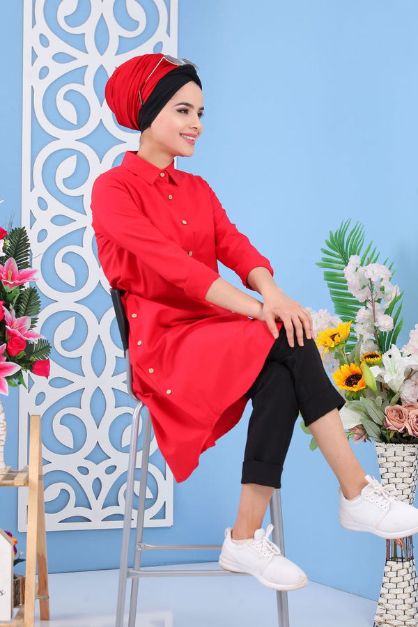 Düz Orta Kadın Kırmızı Gömlek Tunik Siyah  - 7236
