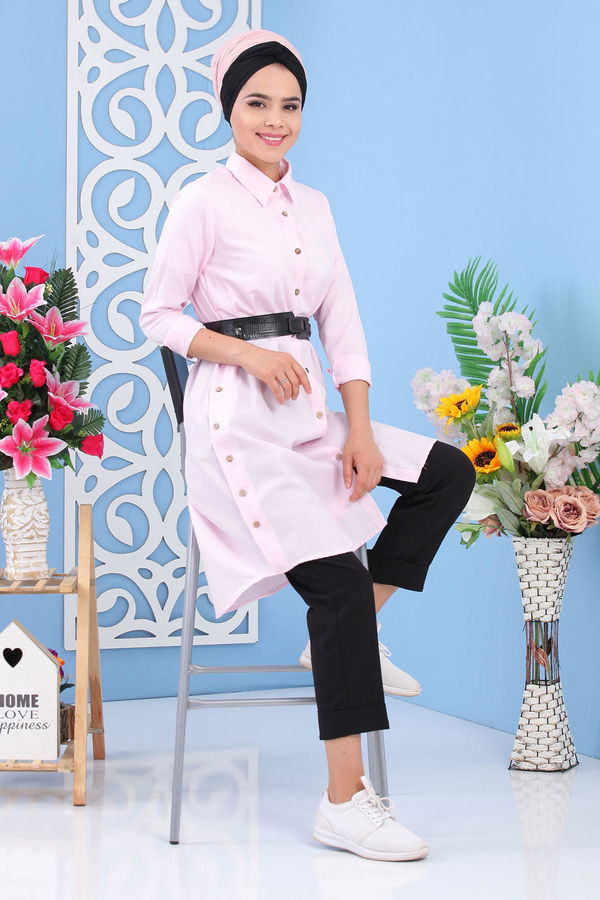 Düz Orta Kadın Pembe Gömlek Tunik Siyah  - 7236