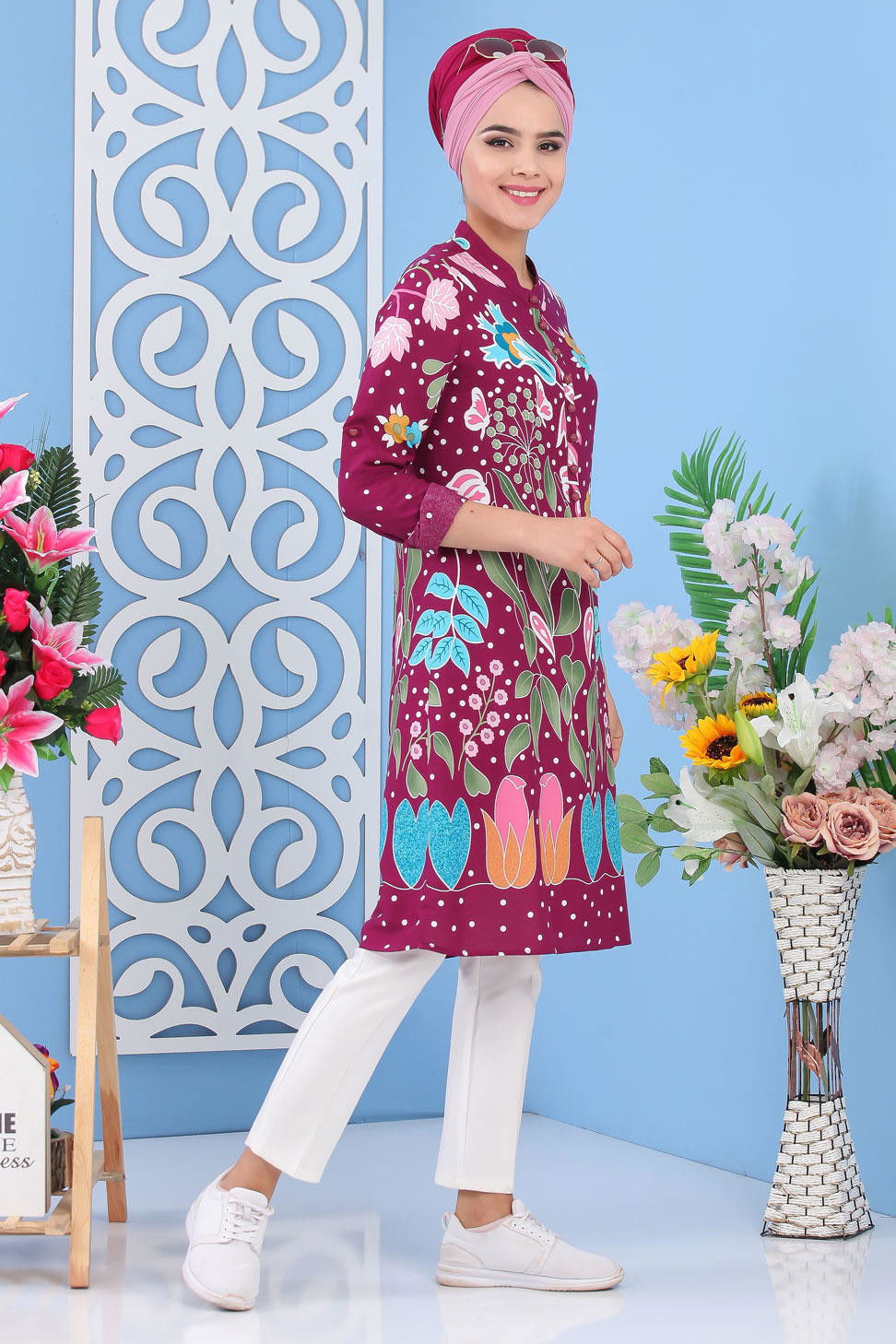 Düz Orta Kadın Mürdüm Çiçekli Tunik Mürdüm - 02 7243 - 7243
