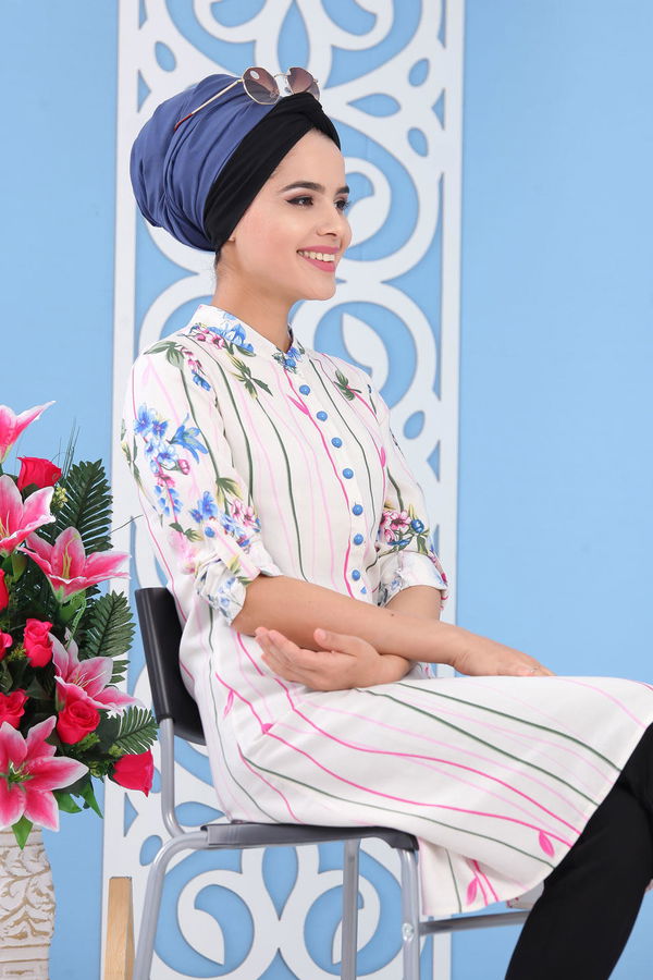 Düz Orta Kadın Ekru Çiçekli Tunik Ekru - 02 7243 - 7243