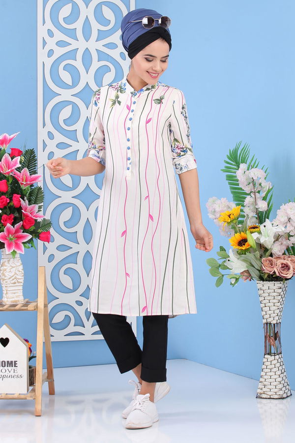 Düz Orta Kadın Ekru Çiçekli Tunik Ekru - 02 7243 - 7243