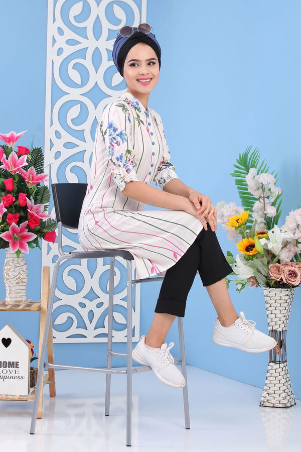 Düz Orta Kadın Ekru Çiçekli Tunik Ekru - 02 7243 - 7243