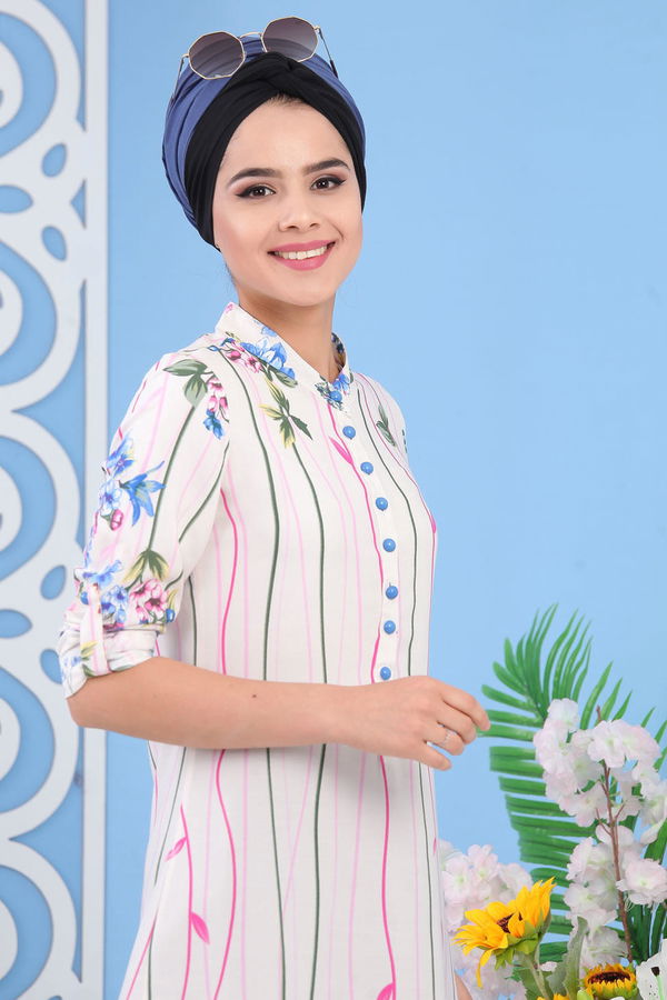 Düz Orta Kadın Ekru Çiçekli Tunik Ekru - 02 7243 - 7243