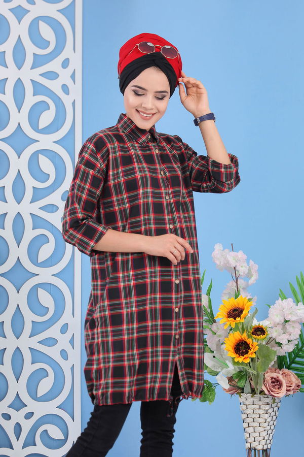 Düz Orta Kadın Siyah Ekose Tunik Siyah Haki - 02 7249 - 7249