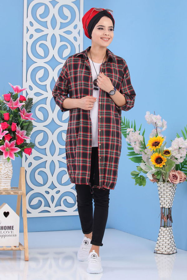 Düz Orta Kadın Siyah Ekose Tunik Siyah Haki - 02 7249 - 7249
