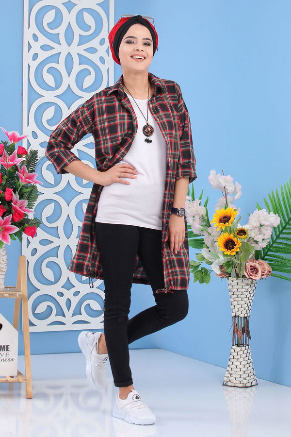 Düz Orta Kadın Siyah Ekose Tunik Siyah Haki - 02 7249 - 7249