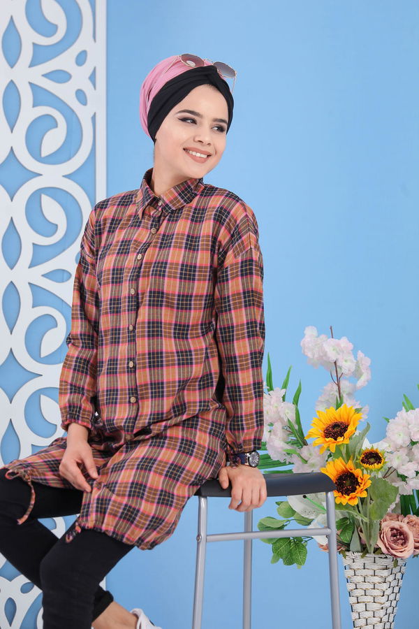 Düz Orta Kadın Sarı Ekose Tunik Hardal - 02 7249 - 7249 Sarı