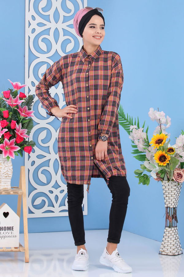 Düz Orta Kadın Sarı Ekose Tunik Hardal - 02 7249 - 7249 Sarı