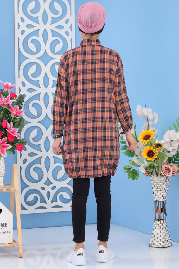 Düz Orta Kadın Sarı Ekose Tunik Hardal - 02 7249 - 7249 Sarı