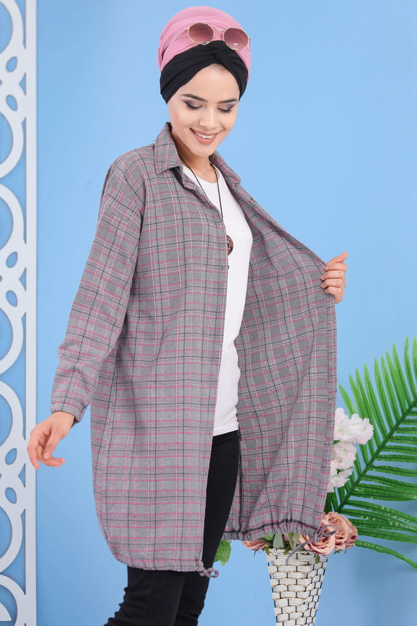 Düz Orta Kadın Pembe Ekose Tunik Gri Pudra - 02 7249 - 7249
