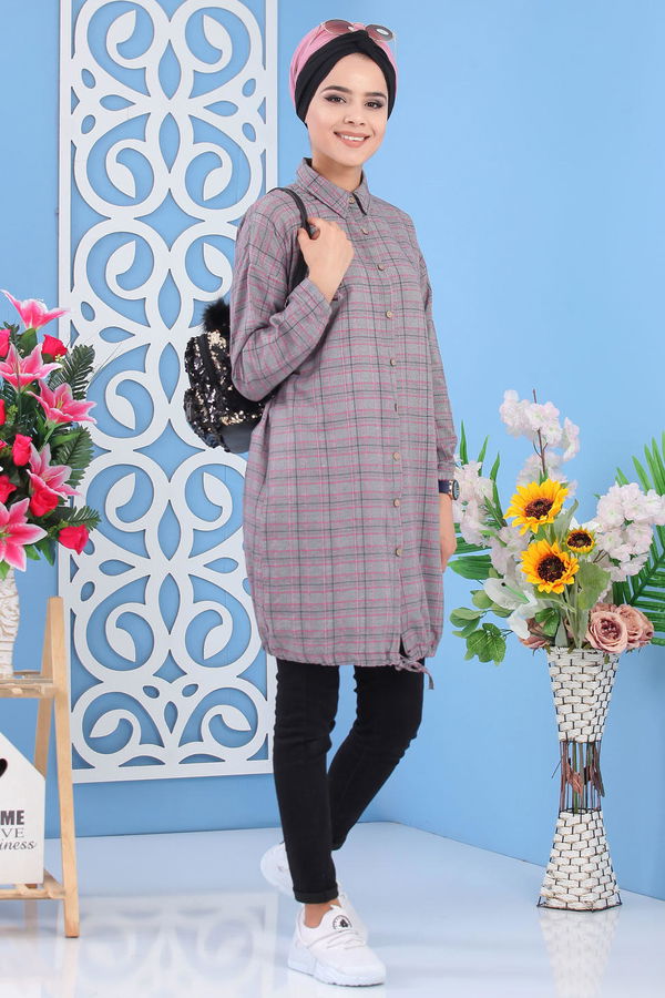 Düz Orta Kadın Pembe Ekose Tunik Gri Pudra - 02 7249 - 7249