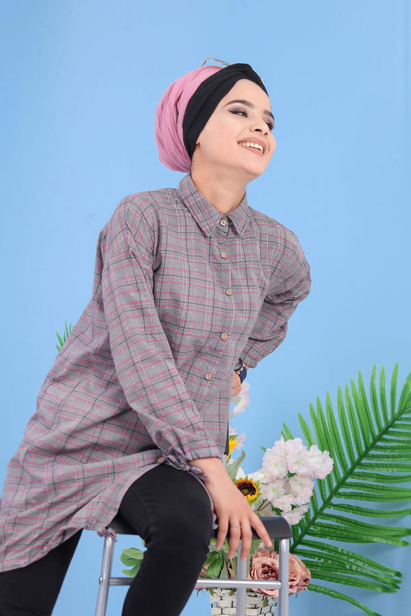 Düz Orta Kadın Pembe Ekose Tunik Gri Pudra - 02 7249 - 7249