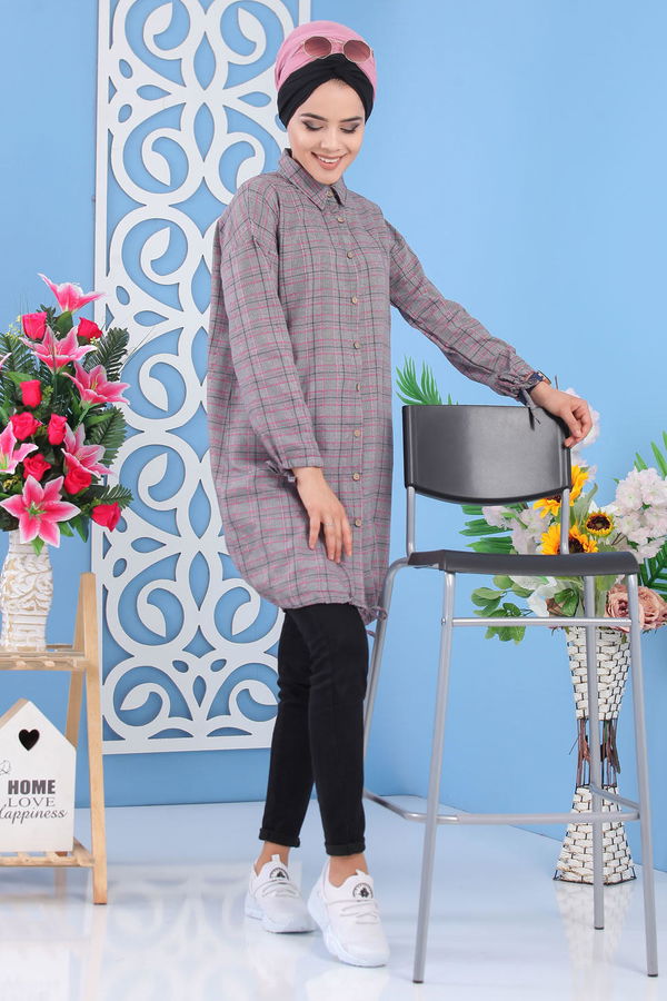 Düz Orta Kadın Pembe Ekose Tunik Gri Pudra - 02 7249 - 7249