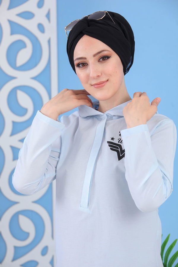 Düz Orta Kadın Mavi Baskılı Tunik Bebe Mavi - 02 7258 - 7258
