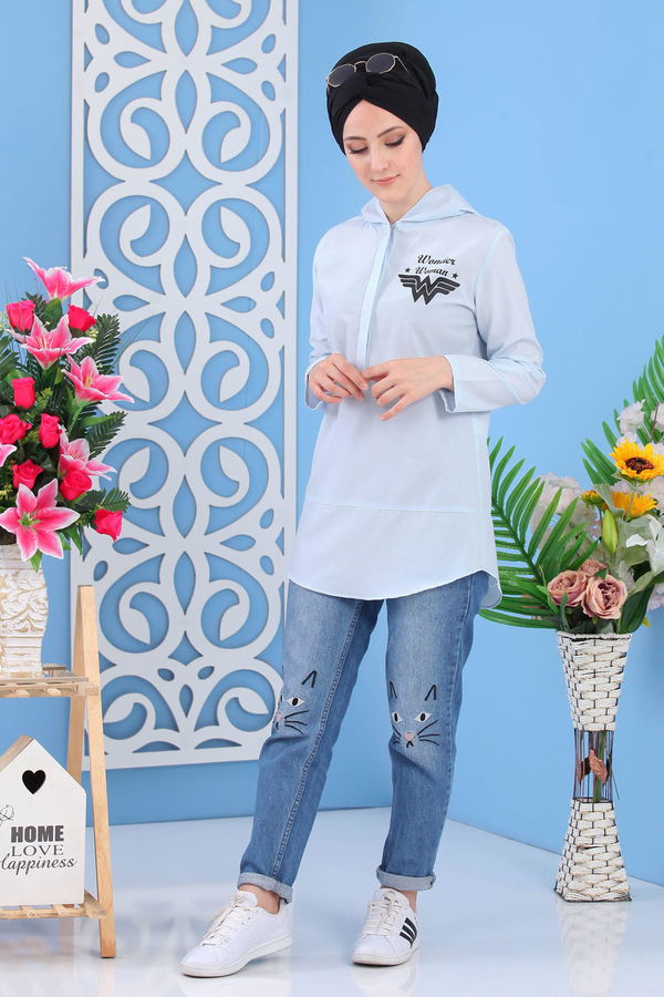 Düz Orta Kadın Mavi Baskılı Tunik Bebe Mavi - 02 7258 - 7258