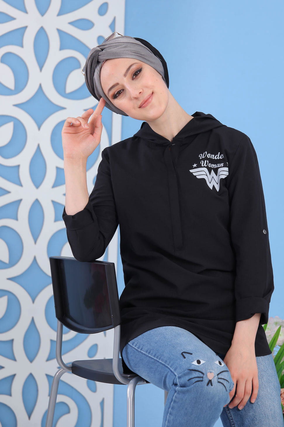 Düz Orta Kadın Siyah Baskılı Tunik Siyah - 02 7258 - 7258