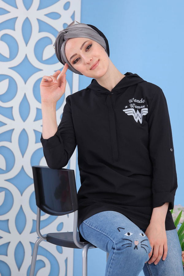 Düz Orta Kadın Siyah Baskılı Tunik Siyah - 02 7258 - 7258