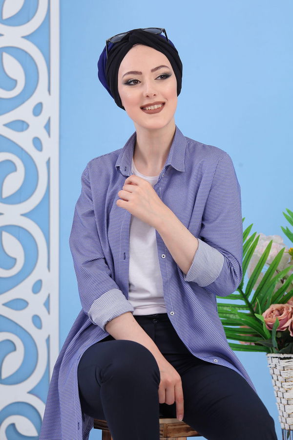 Düz Orta Kadın Mavi Kareli Tunik Saks - 02 7265 - 7265