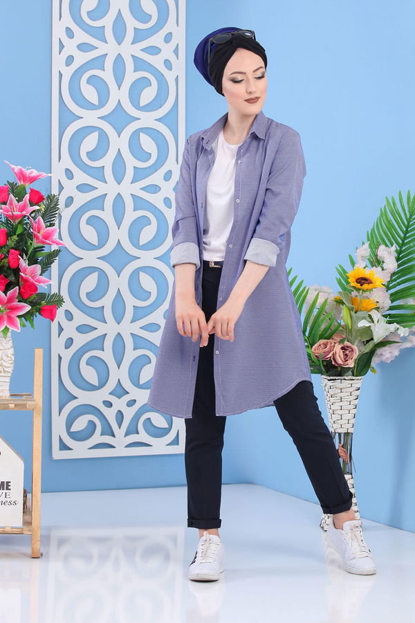 Düz Orta Kadın Mavi Kareli Tunik Saks - 02 7265 - 7265