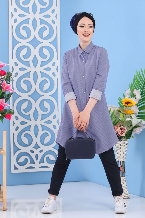Düz Orta Kadın Mavi Kareli Tunik Saks - 02 7265 - 7265