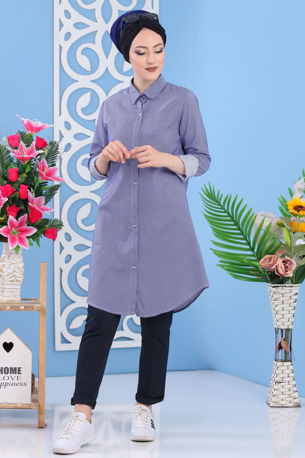 Düz Orta Kadın Mavi Kareli Tunik Saks - 02 7265 - 7265