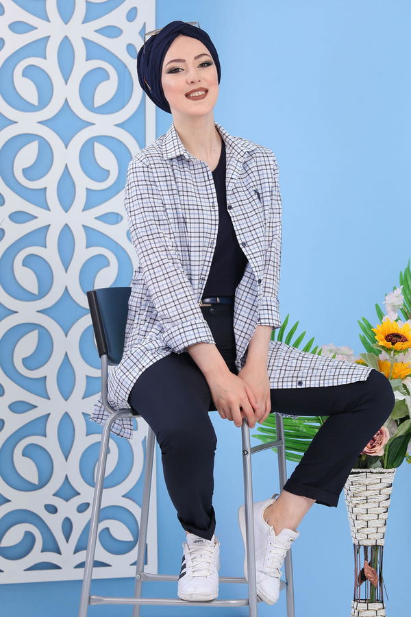 Düz Orta Kadın Mavi Kareli Tunik Mavi - 02 7277 - 7277 MAVİ