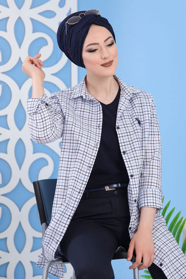 Düz Orta Kadın Mavi Kareli Tunik Mavi - 02 7277 - 7277 MAVİ