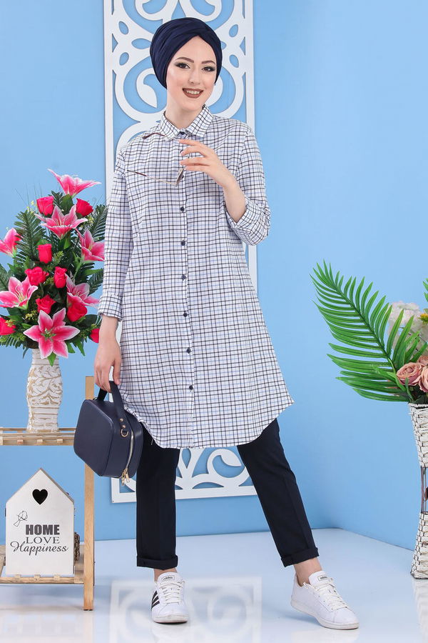 Düz Orta Kadın Mavi Kareli Tunik Mavi - 02 7277 - 7277 MAVİ