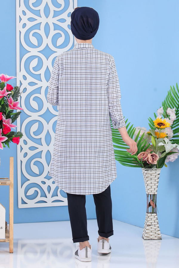 Düz Orta Kadın Mavi Kareli Tunik Mavi - 02 7277 - 7277 MAVİ