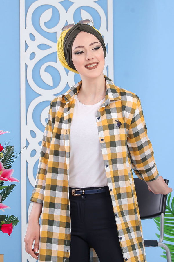 Düz Orta Kadın Sarı Kareli Tunik Hardal -02 7279 - 7279