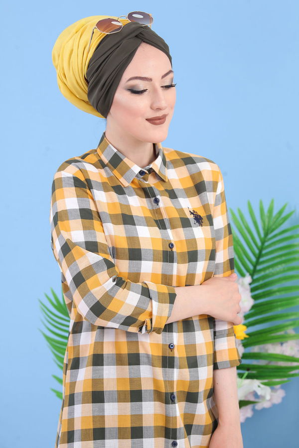 Düz Orta Kadın Sarı Kareli Tunik Hardal -02 7279 - 7279