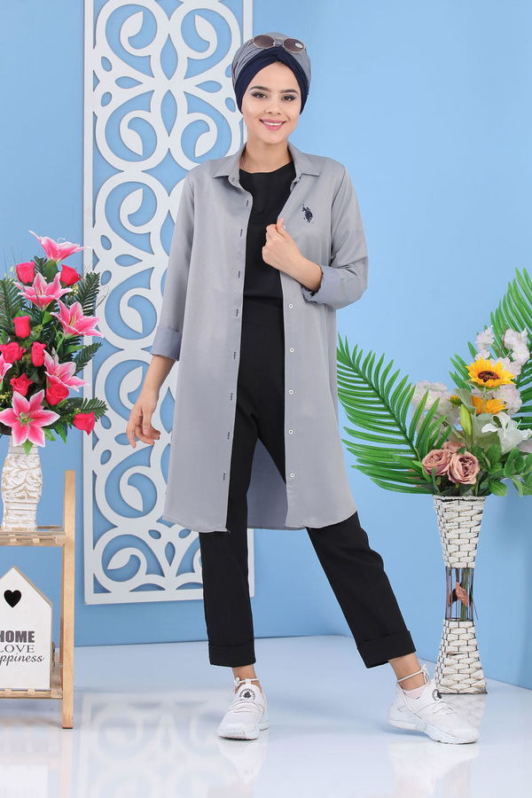 Düz Orta Kadın Gri Tunik Siyah  - 7283