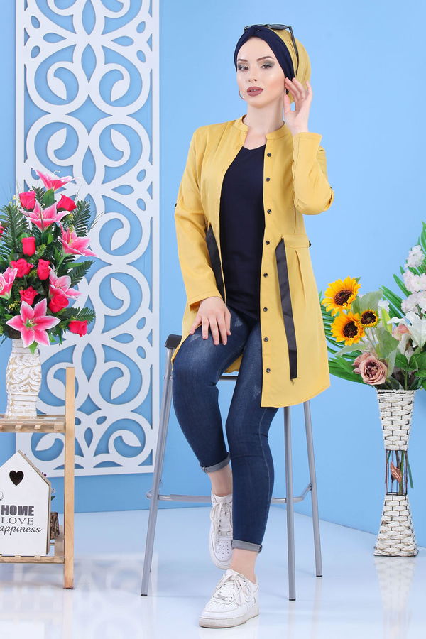 Düz Orta Kadın Sarı Kusaklı Tunik A.Hardal - 02 7306 - 7306