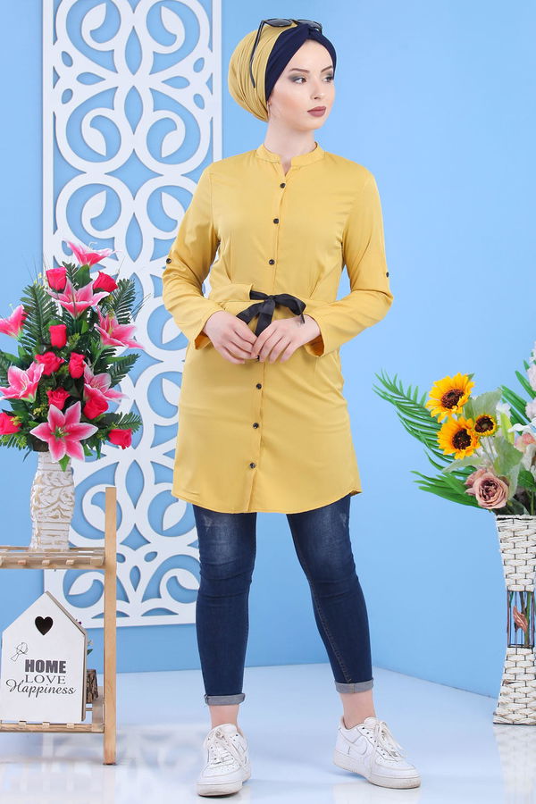 Düz Orta Kadın Sarı Kusaklı Tunik A.Hardal - 02 7306 - 7306