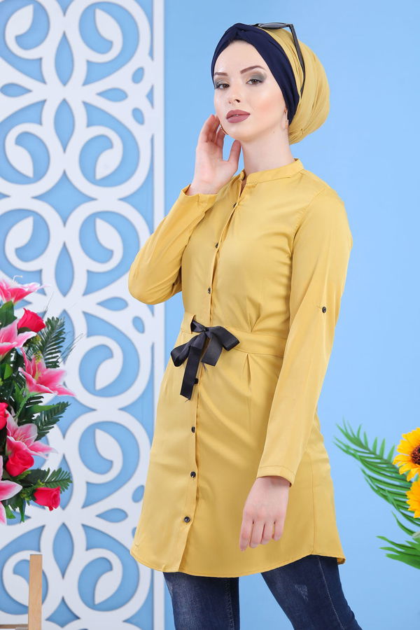 Düz Orta Kadın Sarı Kusaklı Tunik A.Hardal - 02 7306 - 7306