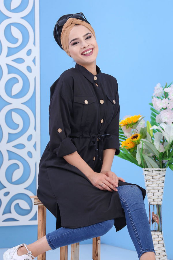 Düz Orta Kadın Siyah Dügmeli Tunik - Siyah 02 7326 - 7326