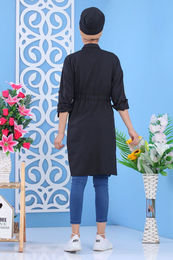Düz Orta Kadın Siyah Dügmeli Tunik - Siyah 02 7326 - 7326