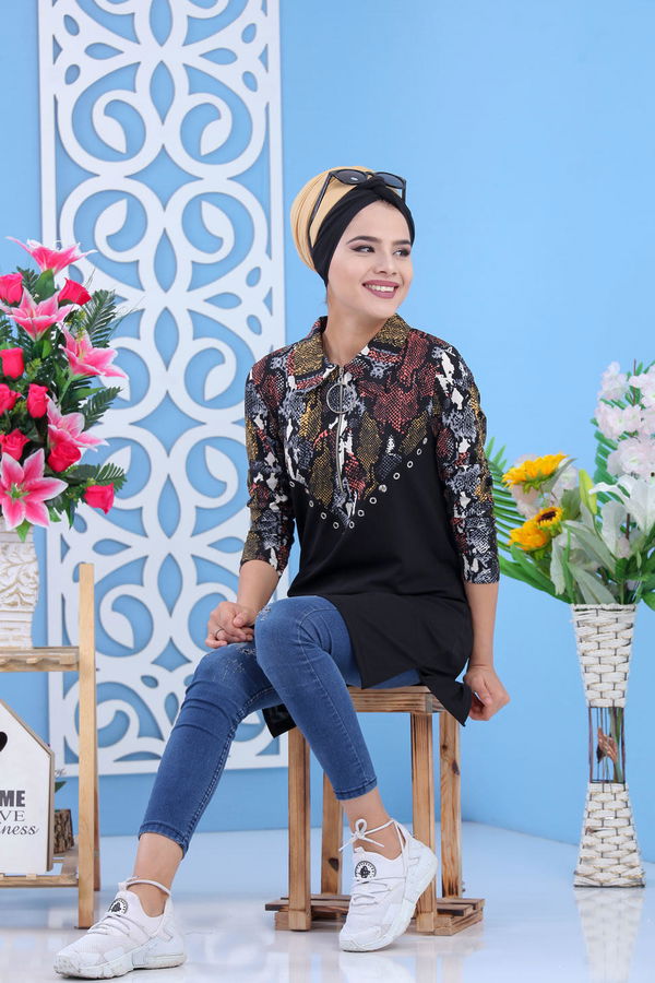 Düz Orta Kadın Siyah Desenli Tunik - Siyah 02 7328 - 7328