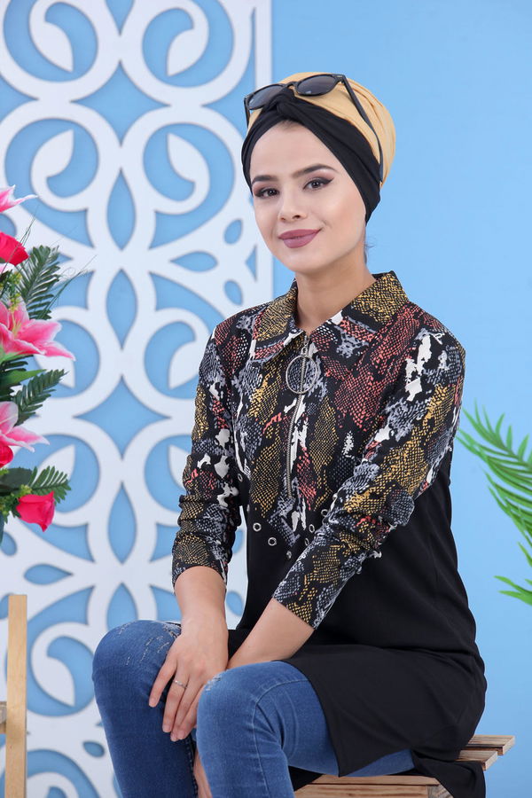 Düz Orta Kadın Siyah Desenli Tunik - Siyah 02 7328 - 7328