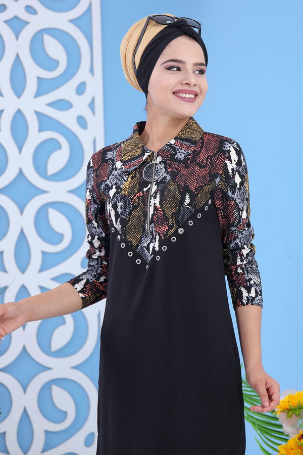 Düz Orta Kadın Siyah Desenli Tunik - Siyah 02 7328 - 7328