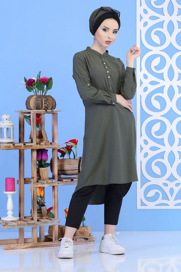 Düz Orta Kadın Haki Çıtçıtlı Tunik Haki - 02 7324 - 7324